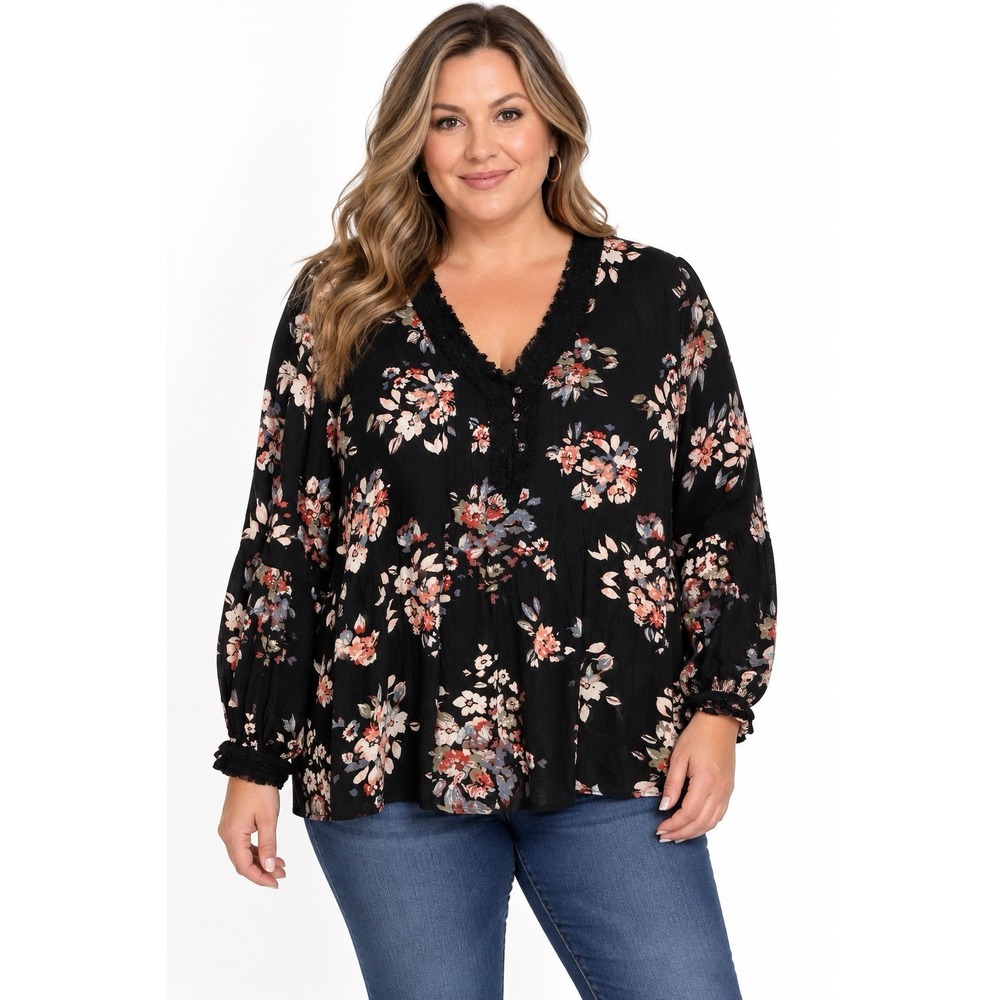 American Rag Cie Womens 1X Black Floral Tunic Blouse Fringe Trim Rayon Boho